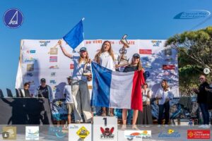 Charlotte Philip on the 3rd place podium at the IFCA Foil Youth Women World Championship 2026 in Leucate, Mondial du Vent