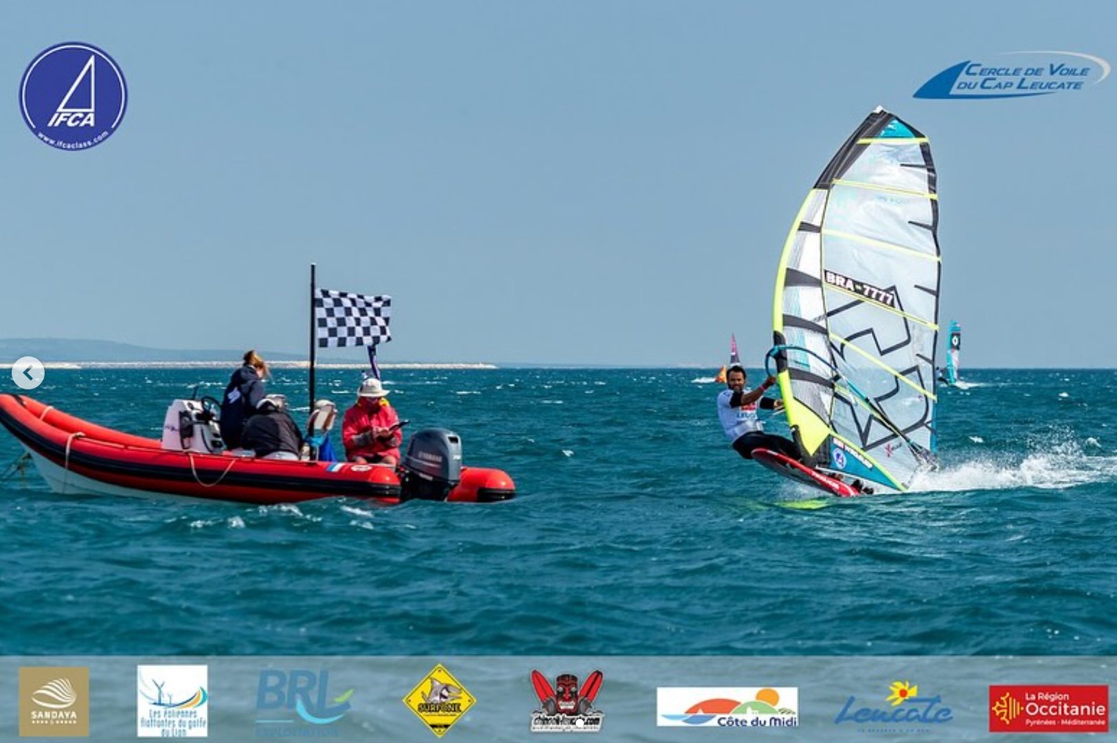 Klayton Silva BRA-7777 crossing the finish line at the IFCA Grand Slam Fin Slalom World Championship 2026 in Leucate