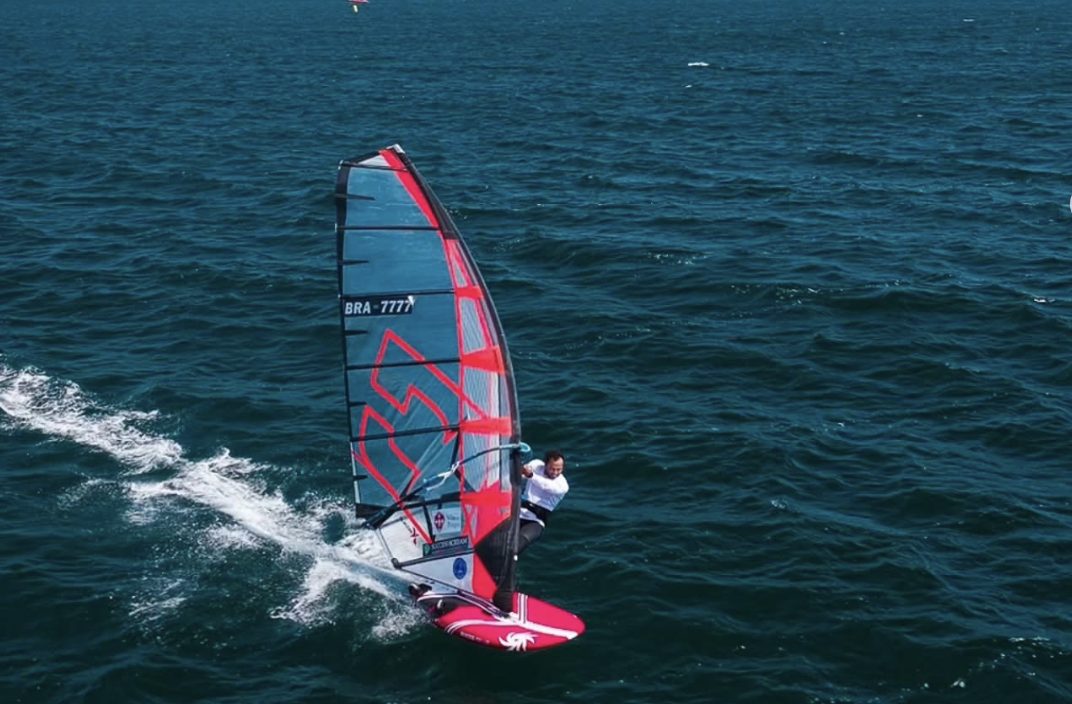 Aerial view of Klayton Silva racing on his CHS Challenger slalom sail BRA-7777 at the 2026 Iberian Windsurf Cup