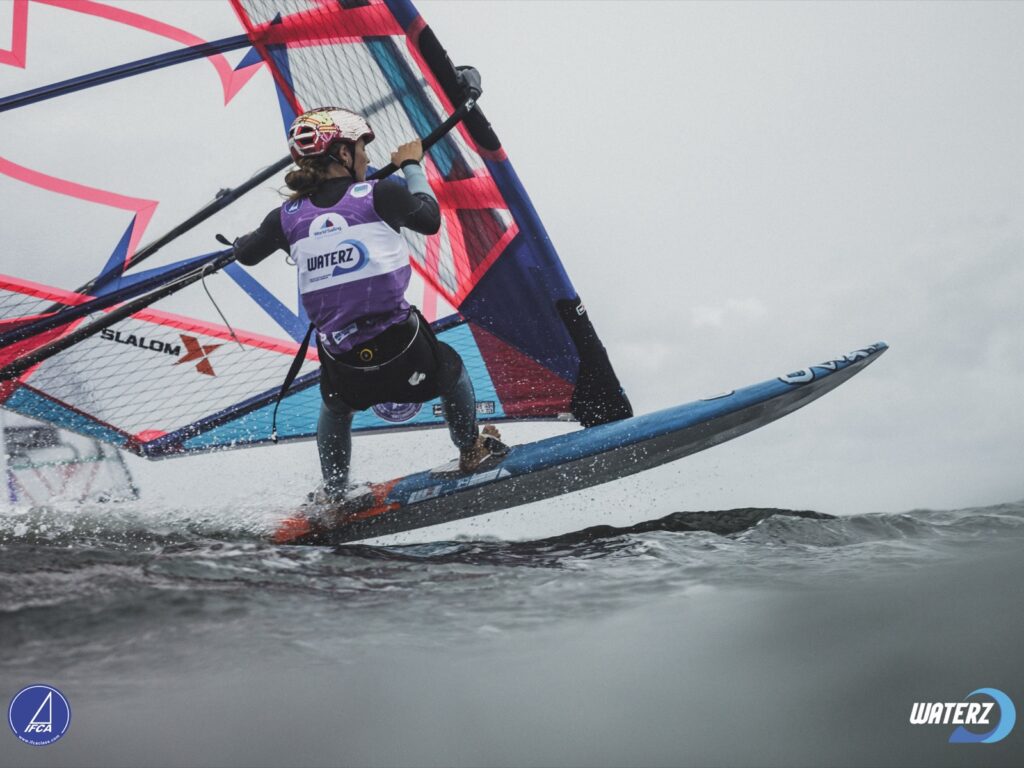 Charlotte Philip FRA-1194 racing a CHS SLX slalom sail at the 2026 IFCA Fin Slalom European Championships in Hvide Sande, Denmark