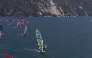 Daniele Benedetti ITA-60 foiling on his CHS sail during the Austria Slalom Cup Foil 2026 at Circolo Surf Torbole, Lake Garda