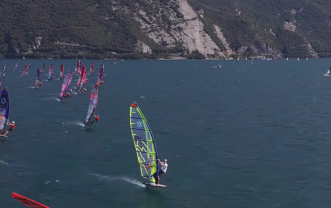 Daniele Benedetti ITA-60 foiling on his CHS sail during the Austria Slalom Cup Foil 2026 at Circolo Surf Torbole, Lake Garda