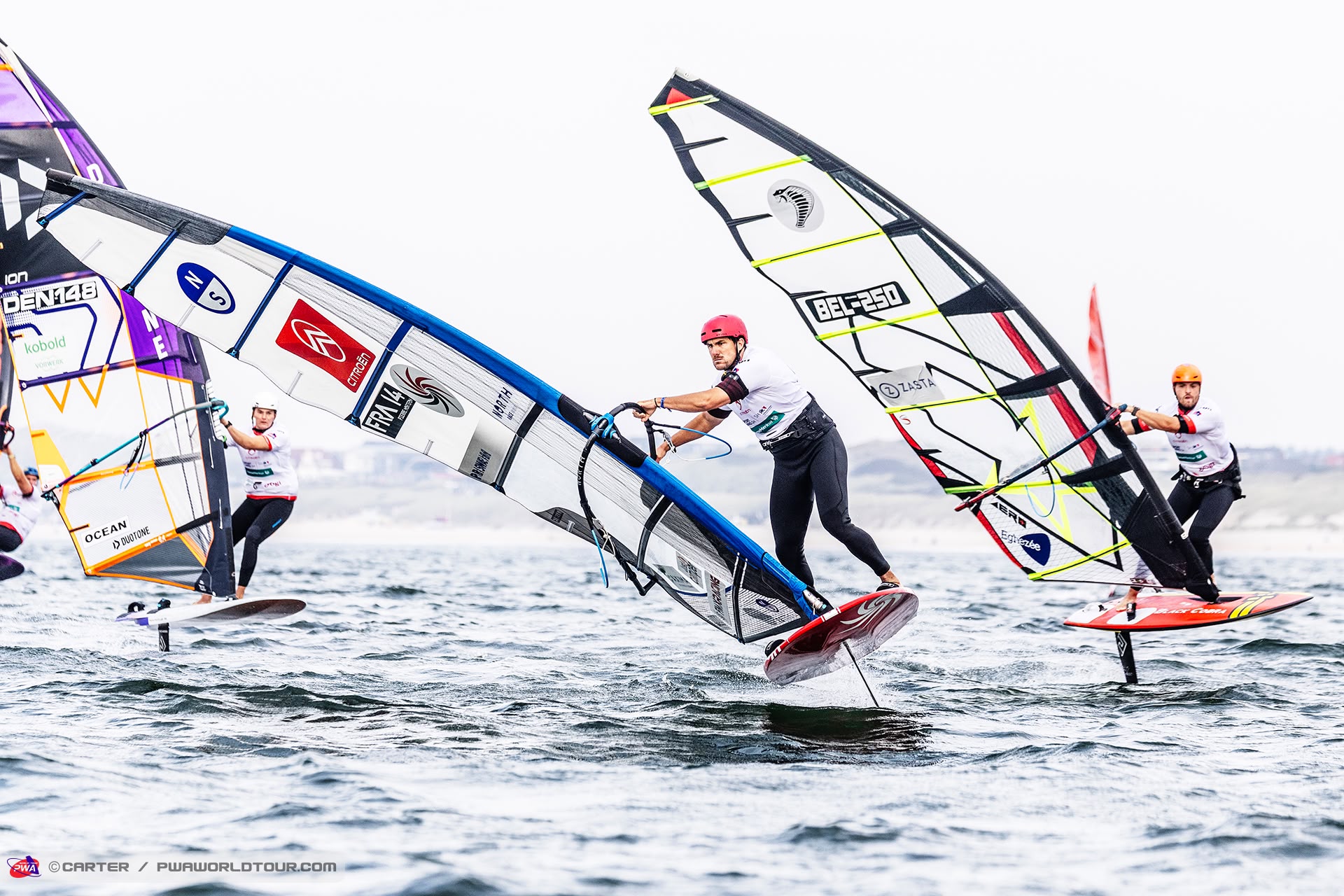 Cyril Evrard BEL-250 racing in the foil slalom fleet at the PWA World Cup Sylt 2026