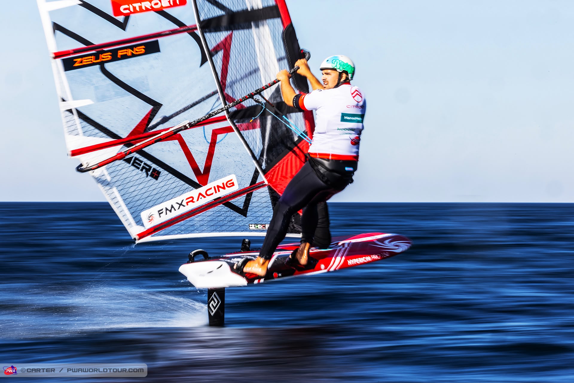 John Soukos GRE-198 foiling on his CHS sail at the PWA World Cup Sylt 2026, where he finished 5th in Foil Slalom