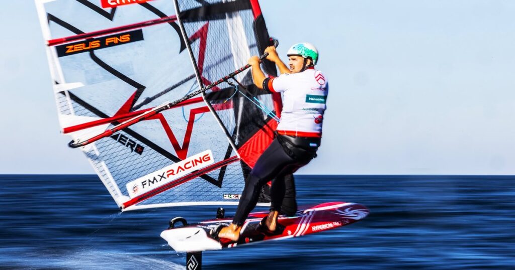 John Soukos GRE-198 foiling on his CHS sail at the PWA World Cup Sylt 2026